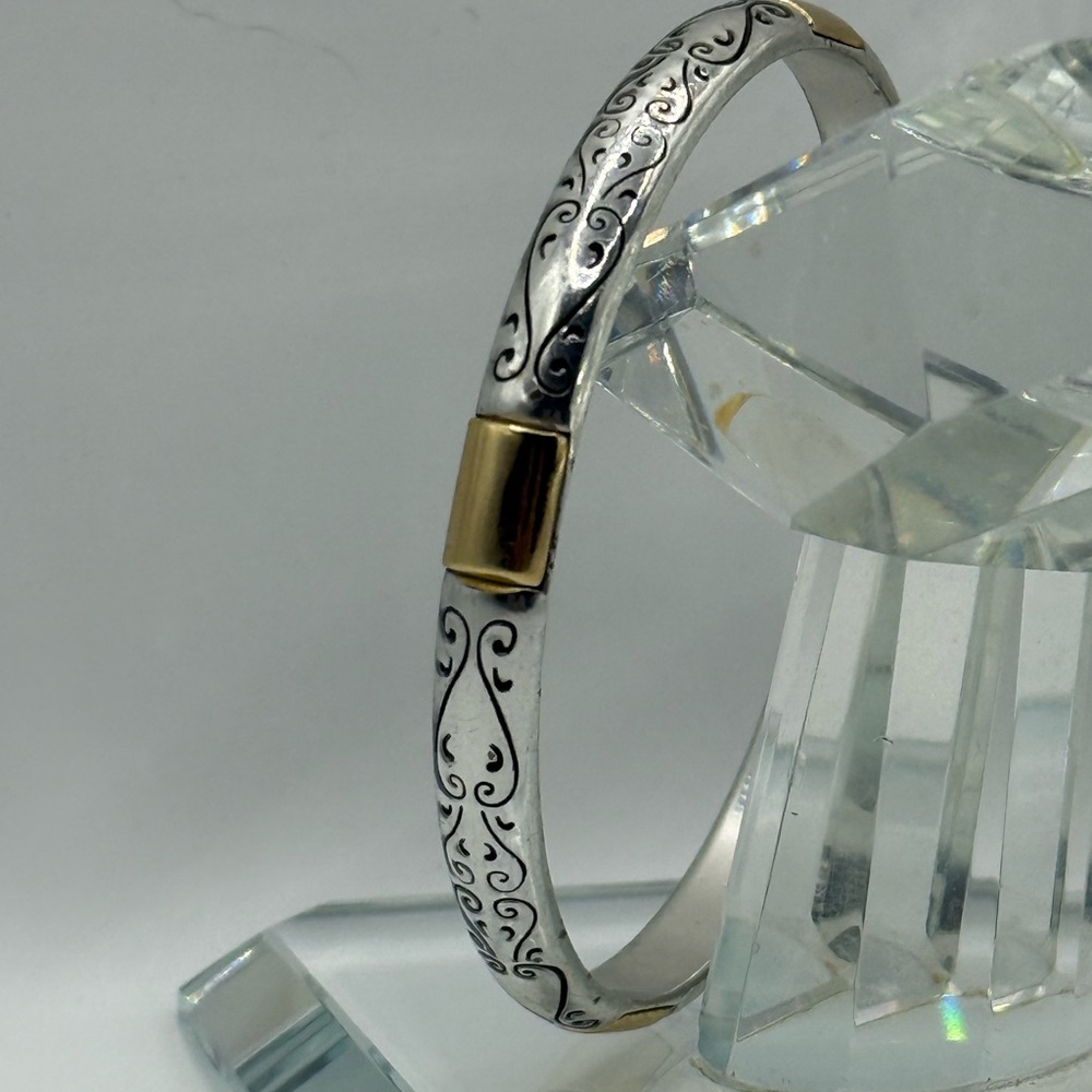 SoldBrighton Two Tone Bangle Bracelet, Beautifully Etched Heart Vines 7”